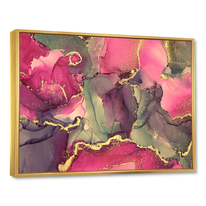 Rose et noir luxueux, art fluide abstrait - peinture sur toile, H 24 po x l 32 po, Cadre flottant doré