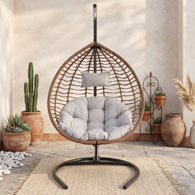 Fauteuil à œufs suspendu pour l'intérieur et l'extérieur avec support, hamac pliable en osier PEHD avec structure en fer et appui-tête amovible