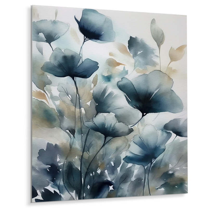 Décoration murale en métal «Feuilles bleues et fleurs III» - feuilles florales, H 44 po x l 34 po