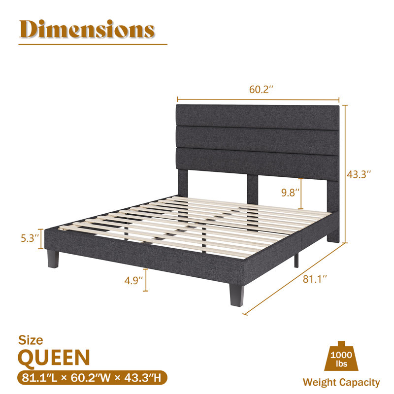 Alti Modern Queen Size Bed Frame with Linen Upholstered Headboard,Gray, Gray, Queen