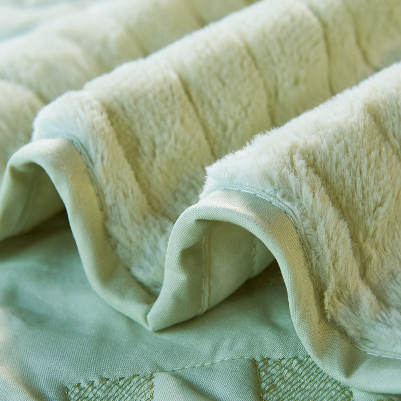 4 Piece Tatami Quilted Faux Fur Set, King Coverlet + 3 Additional Pieces, Light Green