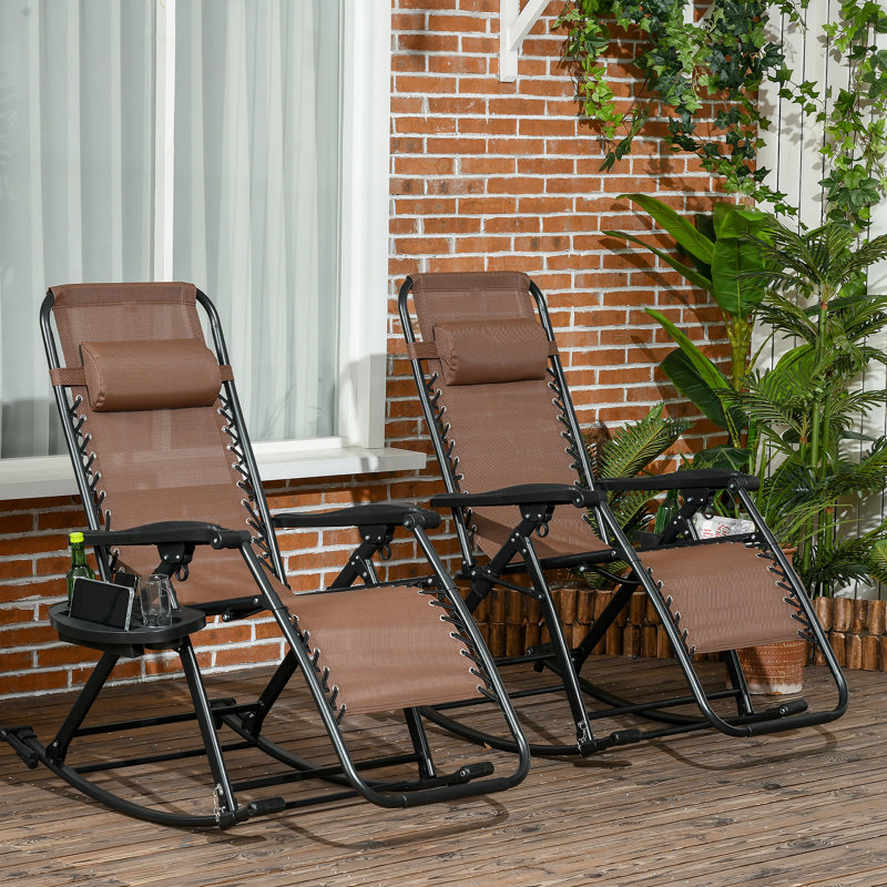 Ensemble de 2 chaises berçantes d'extérieur sans gravité, fauteuil inclinable pliable avec coussin et porte-gobelet, brun