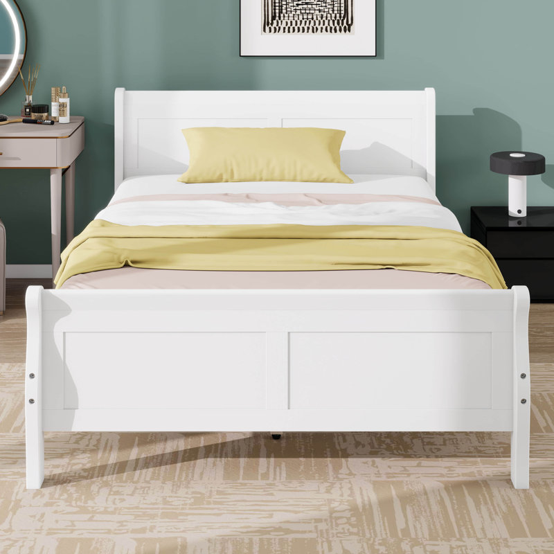 Structure de lit plateforme double, structure de lit plateforme en bois avec tête de lit, support à lattes de bois, Blanc