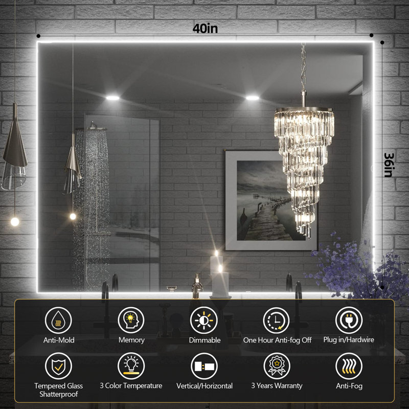 Anti-Fog & Dimmer Memory Function Tempered Glass LED Backlit Mirror with ETL, 40" x 36"