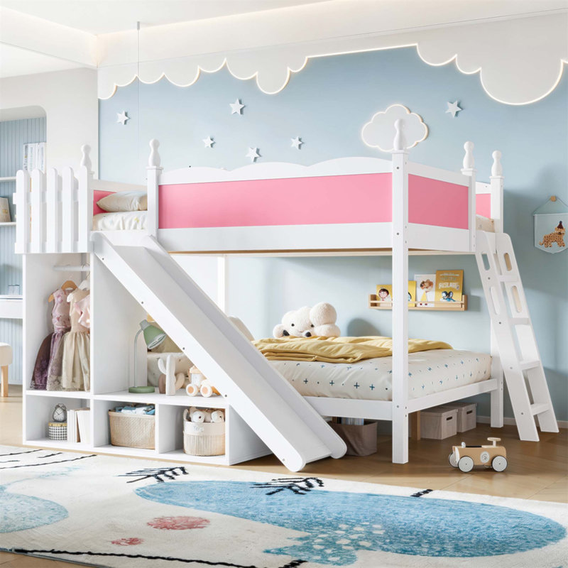 Lit superposé double au-dessus de double avec tablettes de rangement, lit superposé en bois massif avec glissières et échelles, conception à profil bas et sécurité accrue (sans matelas)