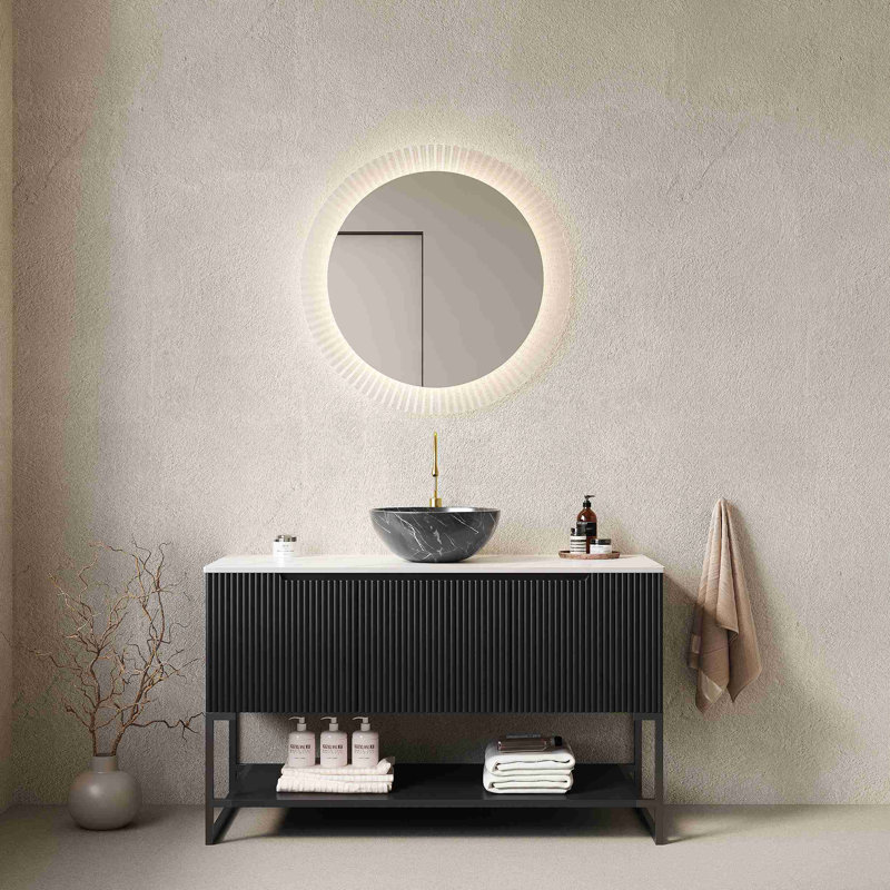 Meuble-lavabo autoportant 48 po avec 3 portes et cuve en céramique avec motif en pierre et comptoir en pierre frittée 48 po