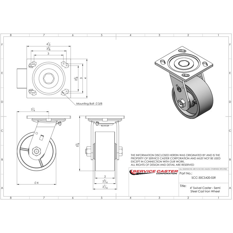 Heavy Duty 4-Inch Cast Iron Swivel Caster with Zinc Finish