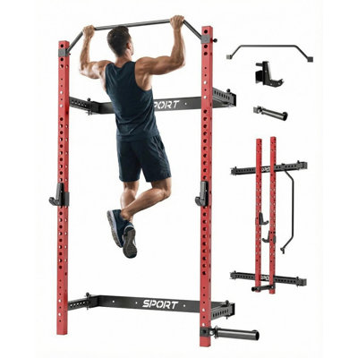 Folding Squat Rack for Home Gym, Wall Mounted with Pull Up Bar & 360° Landmine, 1000 Lbs Capacity, Space Saving