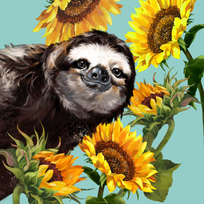 «Sneaky Sloth with Sunflowers» - peinture sur toile tendue