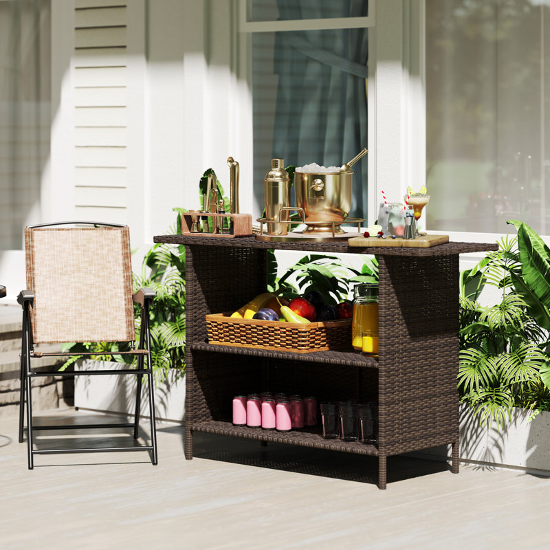 Wicker Outdoor Bar Table, Bar Height Patio Table w/ Shelves, Brown