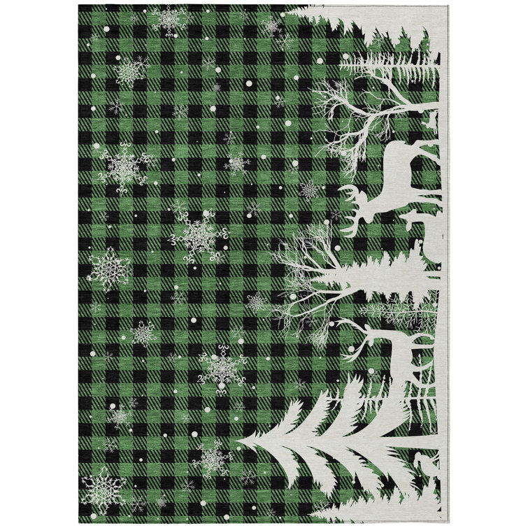 Machine Washable Indoor/Outdoor Christmas Reindeer Xhevrie Green Rug