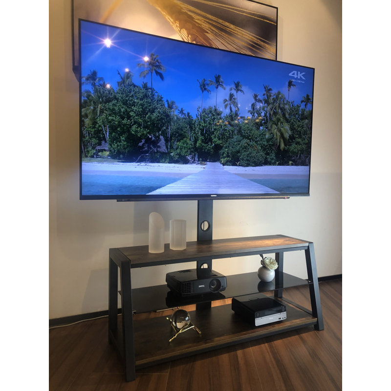 Meuble télé avec rangement en bois et plateau en verre trempé noir