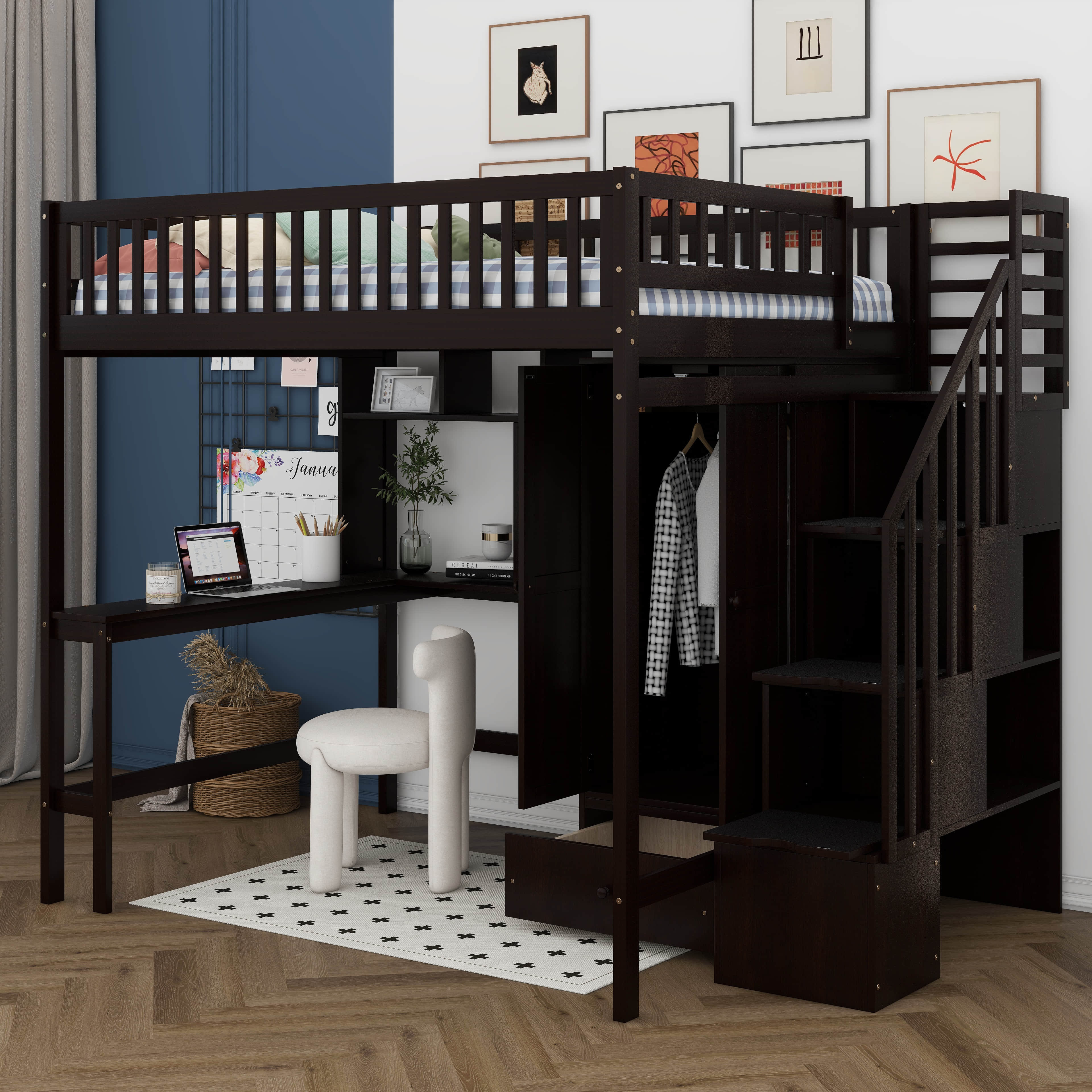 Harriet Bee Full Size Modern Wood Loft Bed With Bookshelf, Desk And ...
