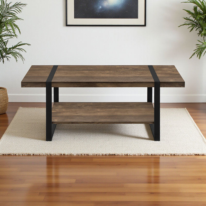 Tameka Farmhouse Style Black Metal Leg 1-Shelf Accent Coffee Table, 17.63" H X 47.13" W X 23.6" D, Brown