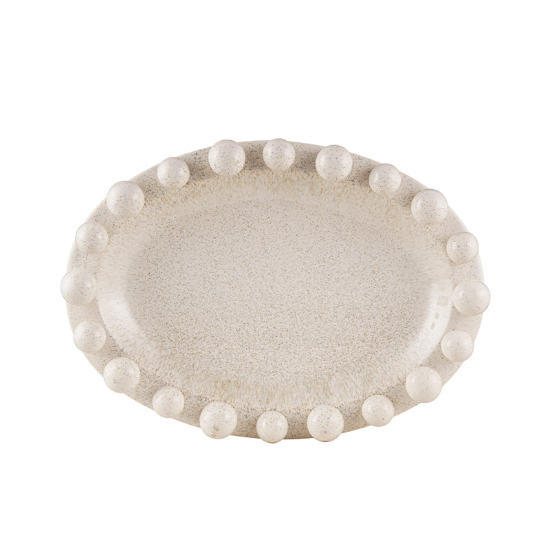 Handmade Ceramic White Decoration Dish, Bobble Edged Oval Serving Bowl Home Decor Accent Piece