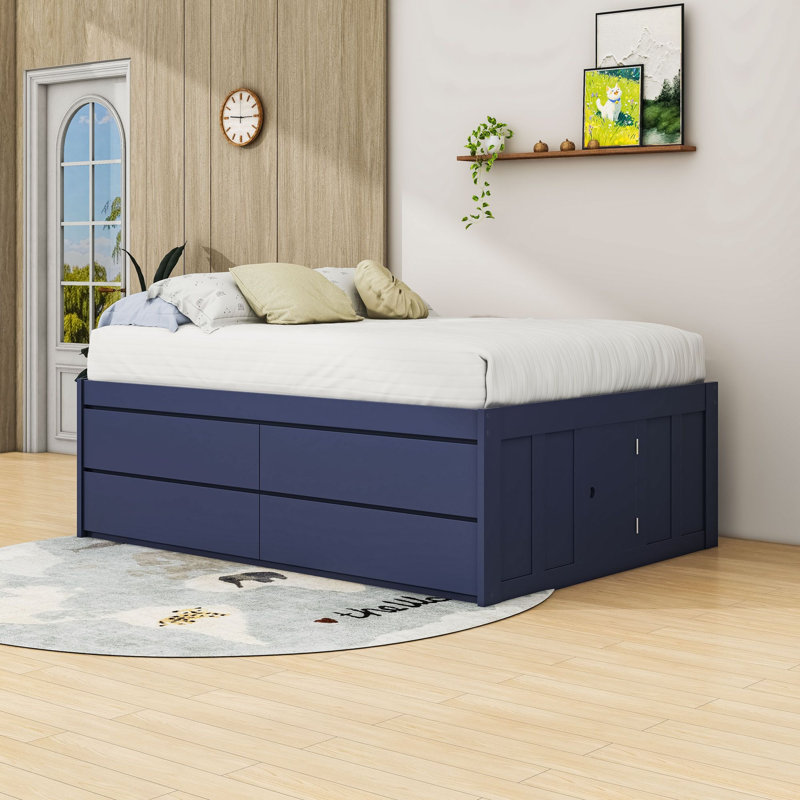 Lit plateforme en bois avec 4 tiroirs et sommier à lattes, Full, Navy Blue
