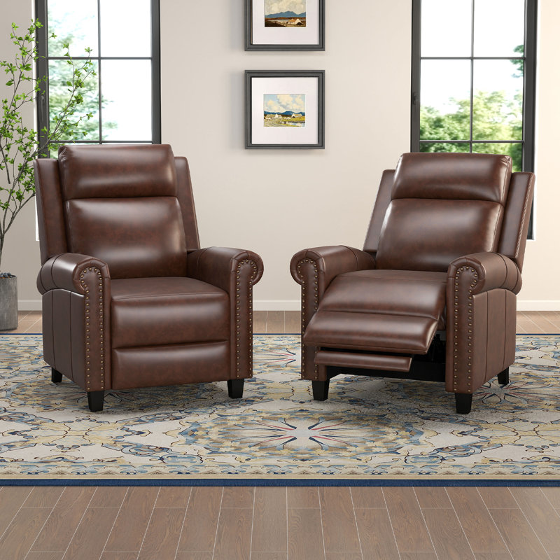 33.5" Wide Classic and Breathable Top Grain Genuine Leather Pushback Recliner, Brown