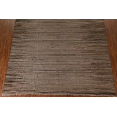 Tapis rayé rectangulaire en laine tissé à la main et à plat 10 pi x 13 pi 5 po gris / noir