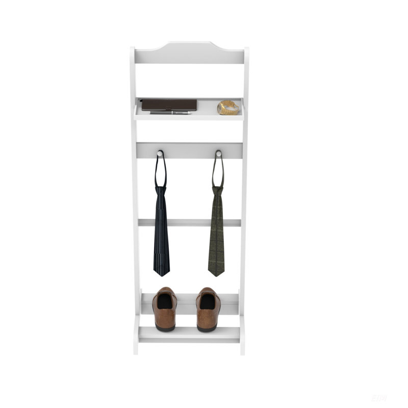 Accent Portable Garment Rack, Clothes Valet Stand With Storage Organizer, White Finish, Ideal For Organizing And Maximizing Space In Bedrooms And Entryways.