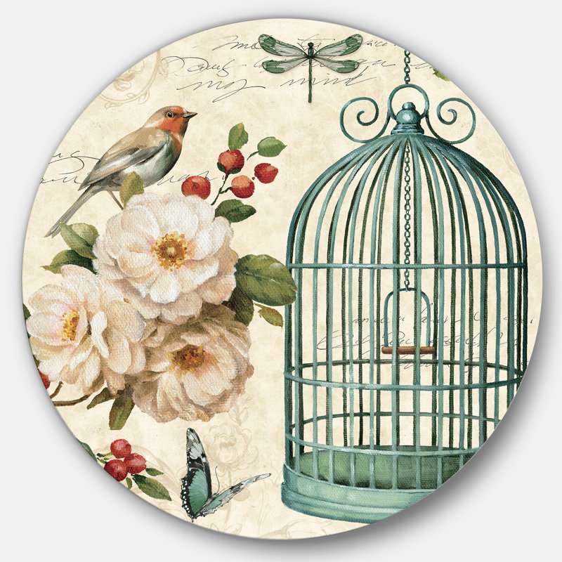 « blue artisanat, cage et pomme fleurs ii », reproduction d’art sur cercle métallique, H 36 po x l 36 po