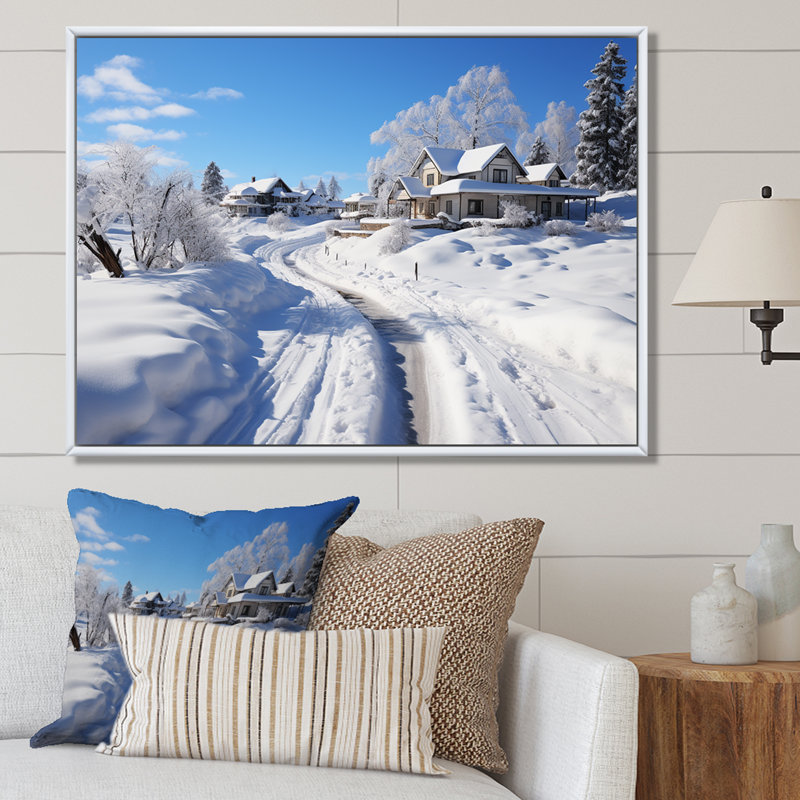 Snowy Country Road II - Winter Mountains, art mural, Cadre flottant brun, H 24 po x l 32 po x P 1 po