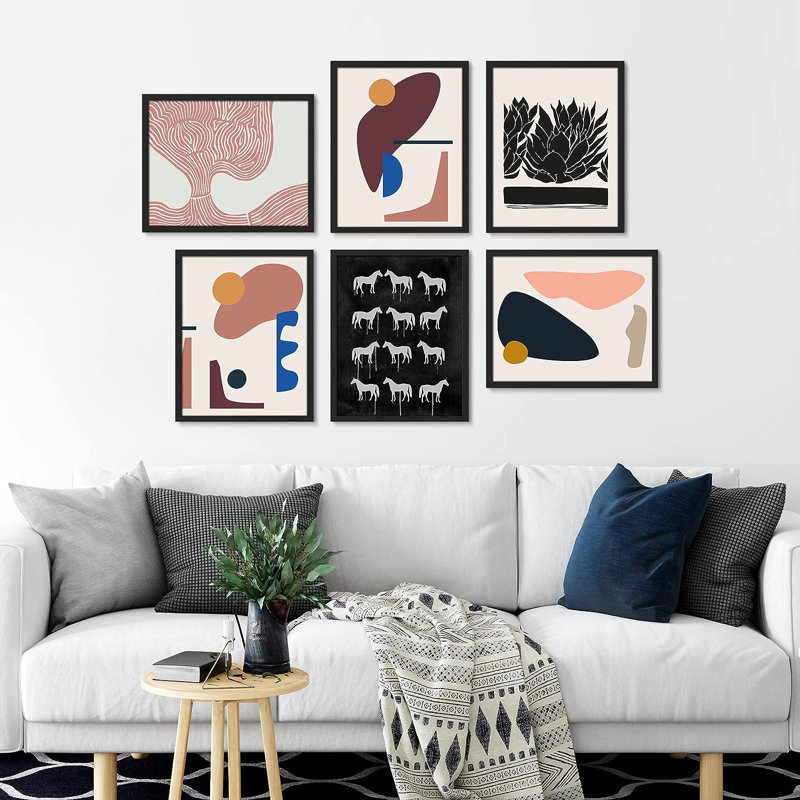 «Mid-Century Shapes Horses Black Plant», reproduction encadrée de 6 pièces, Noir, H 16 po x l 12 po x P 1 po