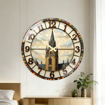 Stained Glass Wall Clock with Cathedral Design Art - 24‘’ Modern Glass Wall Clock