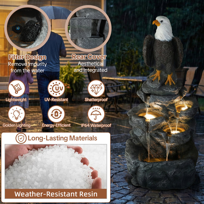  39.1" H Outdoor Water Fountain, 4-tier Cascading Waterfall Fountain With Led & Adjustable Pump, Garden Water Feature With Bald Eagle Statue, Natural Rock Finish For Patio, Backyard & Indoor