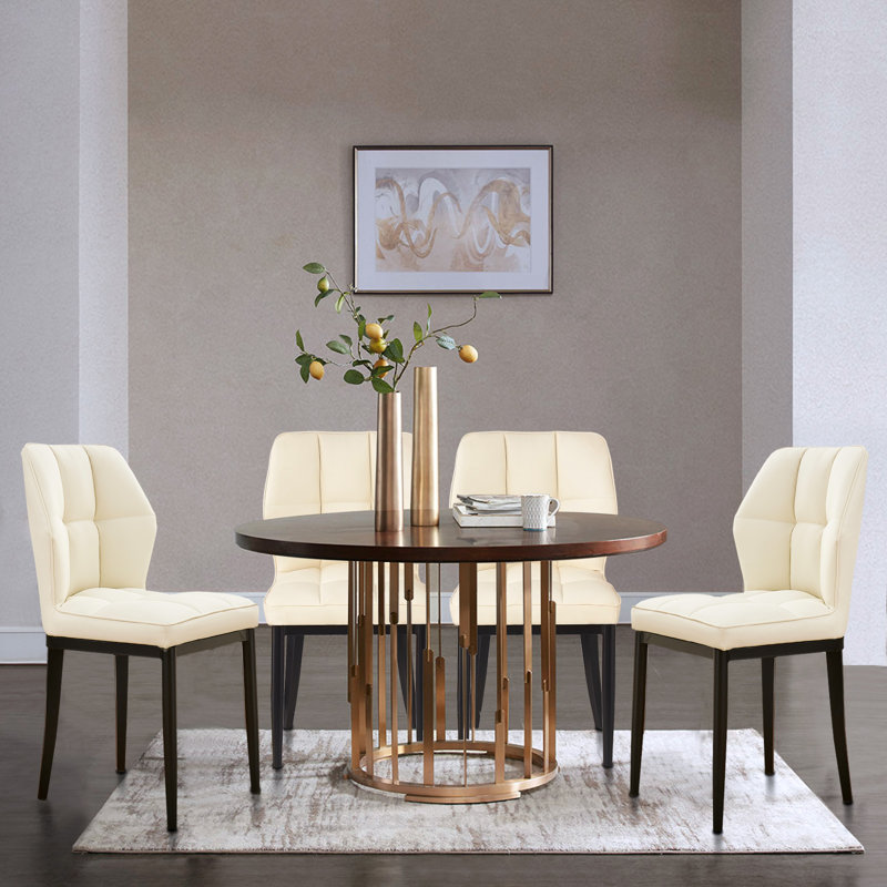 Raffertie 19.6" H PU Leather Upholstered Modern Dining Chairs With Black Metal Frame and Checker-Shaped Backerst, Cream, 2