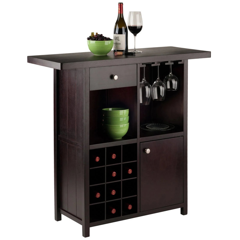 Armoire à vin autoportante transitionnelle en bois massif et composite espresso avec porte-verres à pied, grille à vin pour 12 bouteilles, tiroir et armoire de rangement fermée