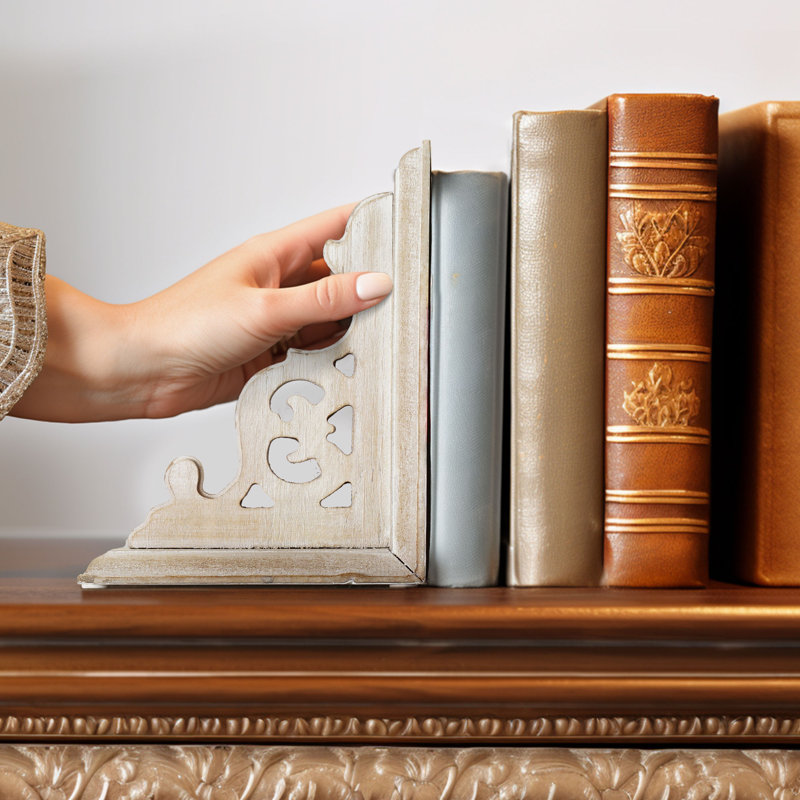 Distressed White Carved Wood Renaissance Bookends Set