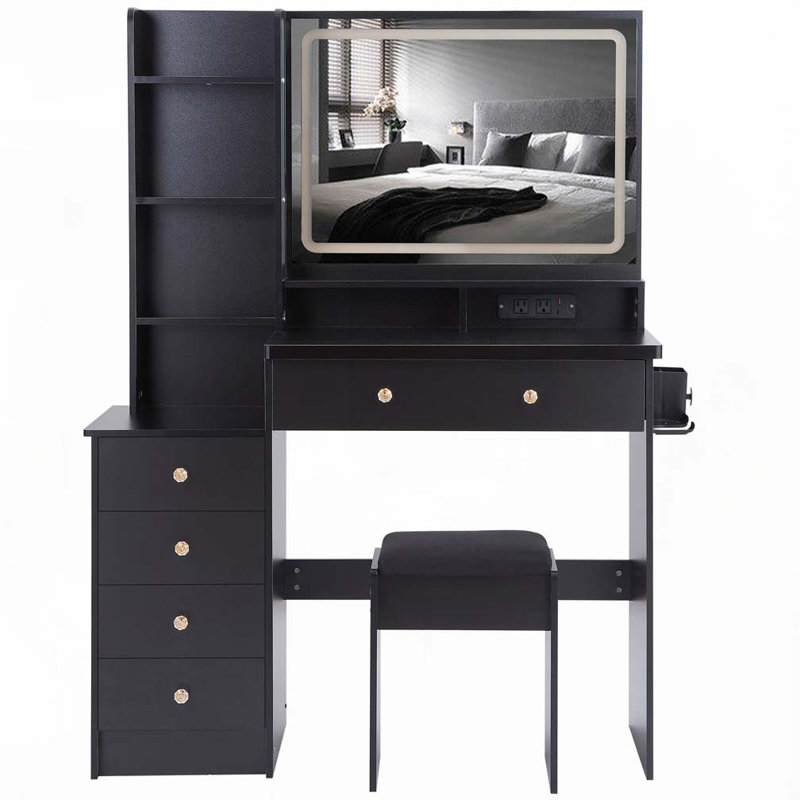 Ensemble de meuble-lavabo de 41 po avec commode gauche de grande taille + ensemble de commode avec tabouret rembourré, 2 centrales AC + 2 USB, support pour séchoir à cheveux, très grand miroir à DEL tactile, interrupteur 3 couleurs, EPA, GCC, certificat UL