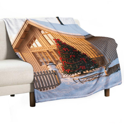 Jeté enneigé flanelle de luxe avec arbre de Noël et scène de renne, couverture douce et chaude pour le canapé du salon