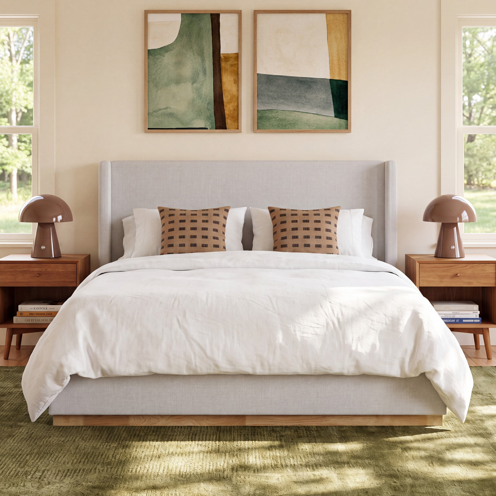 Upholstered Panel Bed, King, Cream Linen Textured Fabric