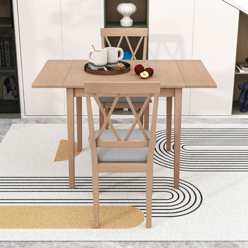 Ensemble de table de salle à manger 3 pièces peu encombrant avec abattants et chaises rembourrées pour petite place, Naturel