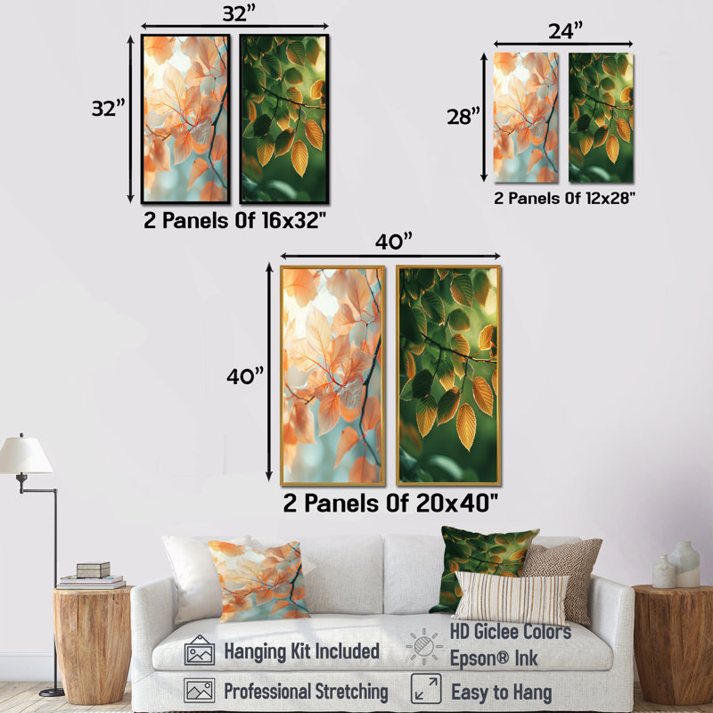 Feuilles ensoleillées I - Art mural floral 2 panneaux, H 32 po x l 33 po, Toile tendue