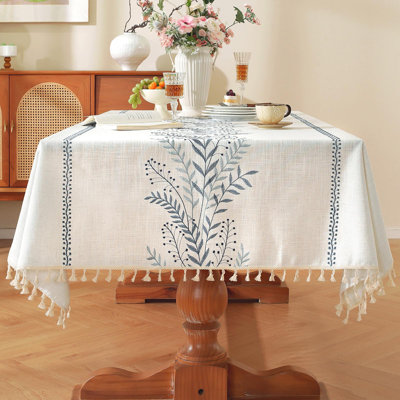 Table Cloth Rectangle, Embroidery Heavy Duty Cotton Linen Tablecloth, Farmhouse Rustic Waterproof Wrinkle Free Tablecloths With Tassels, Blue Fern, 55×75 Inch