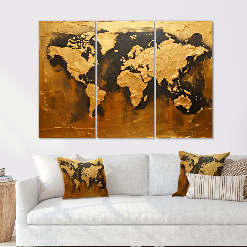 Carte du monde noire et dorée, ensemble d'art sur toile, Toile tendue, H 40 po x l 60 po x P 1 po