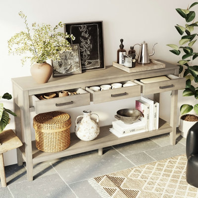 Table d'entrée 59,1 po à 3 tiroirs, console peinte avec tablette inférieure et poignées en fer, table de canapé minimaliste pour salon, couloir, cuisine, chambre à coucher, bureau