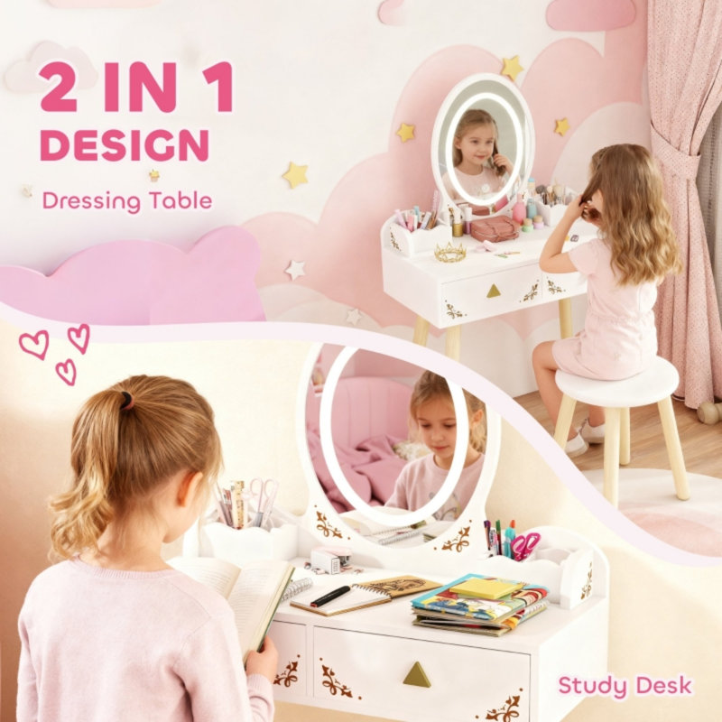 Kids Vanity Table with Stool, 3-Colour LED Light Mirror, Storage Drawers & Organisers, 2-in-1 Study Desk, White, Suitable for Ages 3+