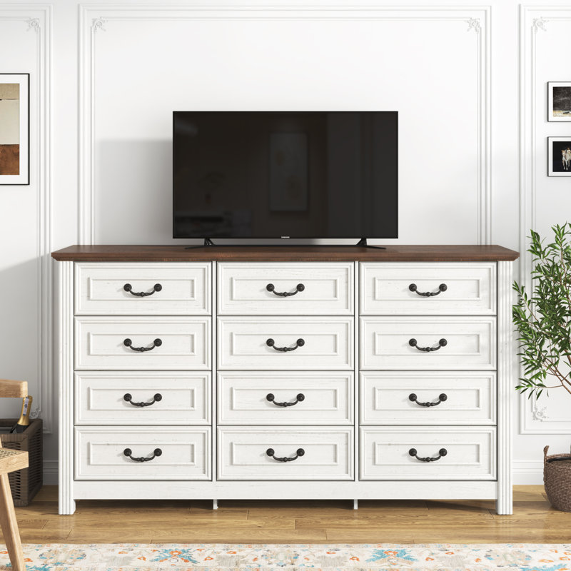 Farmhouse 12 Drawer Dresser for Bedroom, 63” Wood Chest of Drawers with Rustic Handles, Wide Closet Dressers Organizer, White