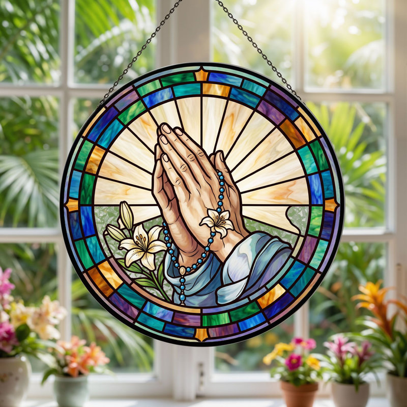 Praying Hands Stained Glass Window Panel，7.8H, 7.8"H