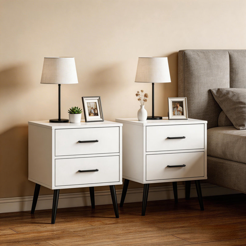 White 2 Drawer Nightstand, Mid-Century Modern End Table with Storage, Small Bedside Cabinet for Bedroom, 2