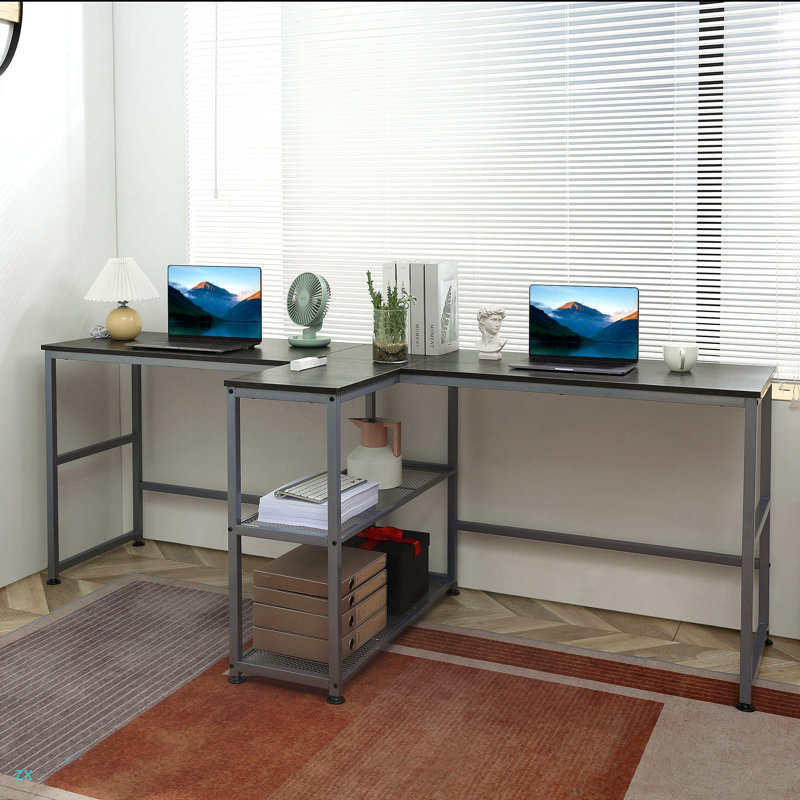 Bureau d'ordinateur 83 po pour 2 personnes avec 2 tablettes de rangement, poste de travail double avec étagère à livres, longue table de bureau pour le bureau personnel