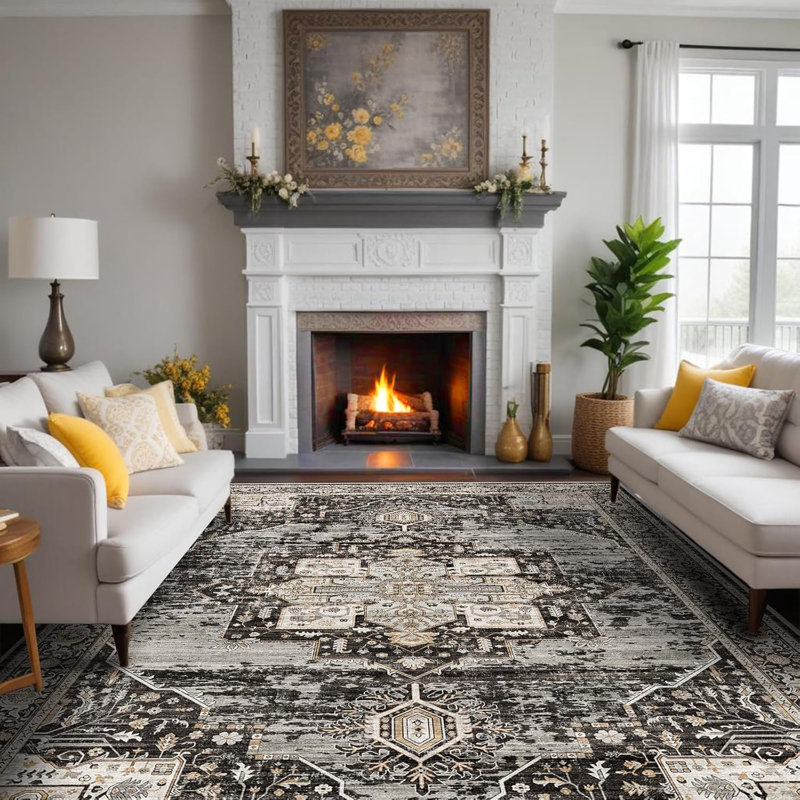 Washable 10x14 Area Rug - Soft Area Rugs for Living Room Stain Resistant Carpet Vintage Lightweight Rugs for Bedroom with Non Slip Backing Indoor Thin Rugs Home Decor 10x14 Black