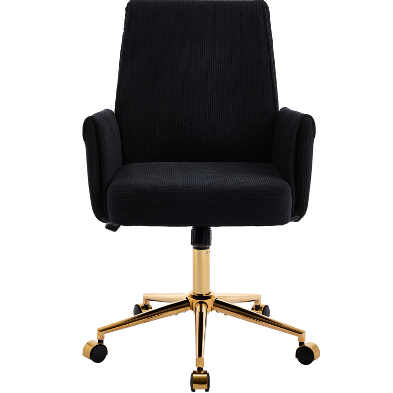 Mid-Back Liftable Office Chair With Black Corduroy, Ergonomic Design, Golden Metal Base, Soft Memory Foam Cushion, S-Shaped For Lumbar Comfort, Elbow And Shoulder Angle, Exquisite Sewing, 24.57 In