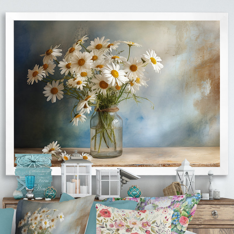 Bouquet de marguerites blanches - sérénité II, L 32 po x H 16 po x P 1 po, Cadre simple blanc