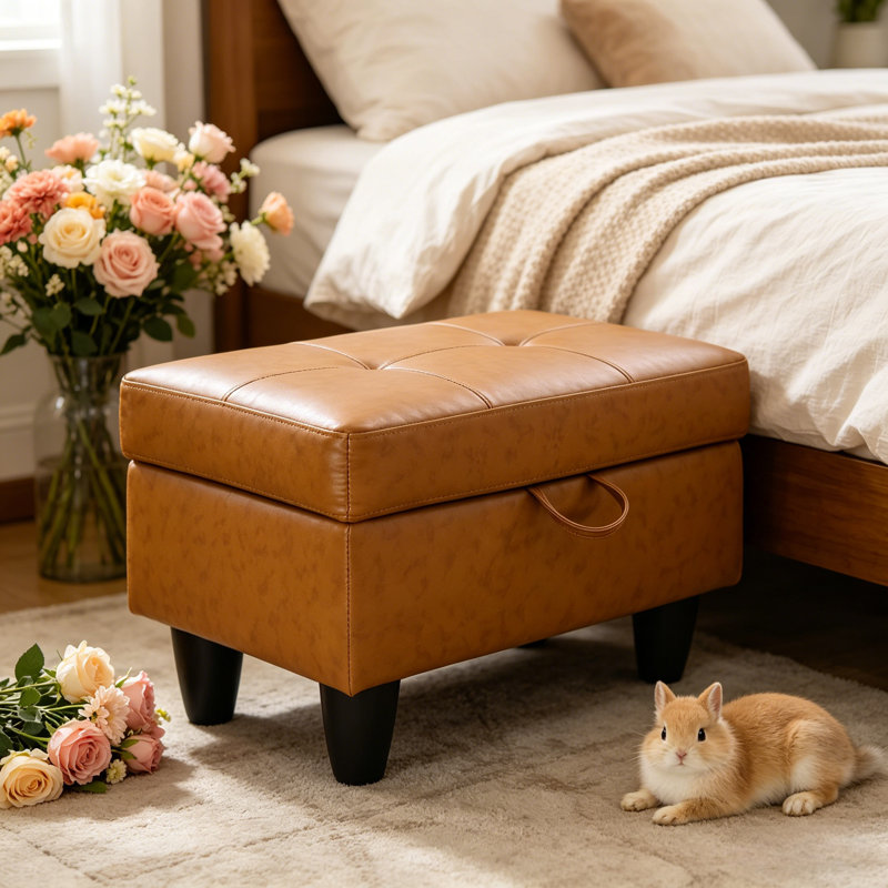 Multi-Functional Ginger Faux Leather Ottoman with Hidden Storage Compartment, Ginger Faux Leather