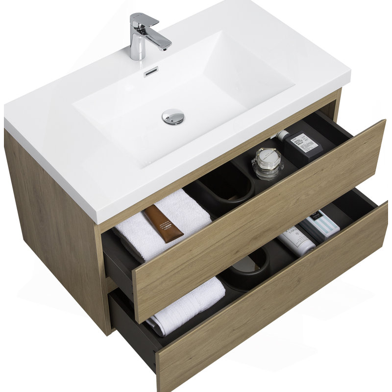 Meuble-lavabo flottant avec lavabo, armoire de rangement murale, plateau à surface solide, tiroirs à fermeture en douceur pour une utilisation organisée dans la salle de bain