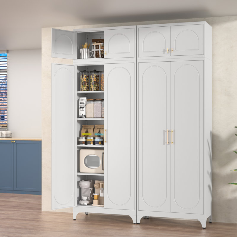 White Metal Pantry Cabinet, 90" Tall Storage with Adjustable Shelves, 32"W x 16"D, Freestanding Cabinet for Kitchen, Living Room or Dining Room
